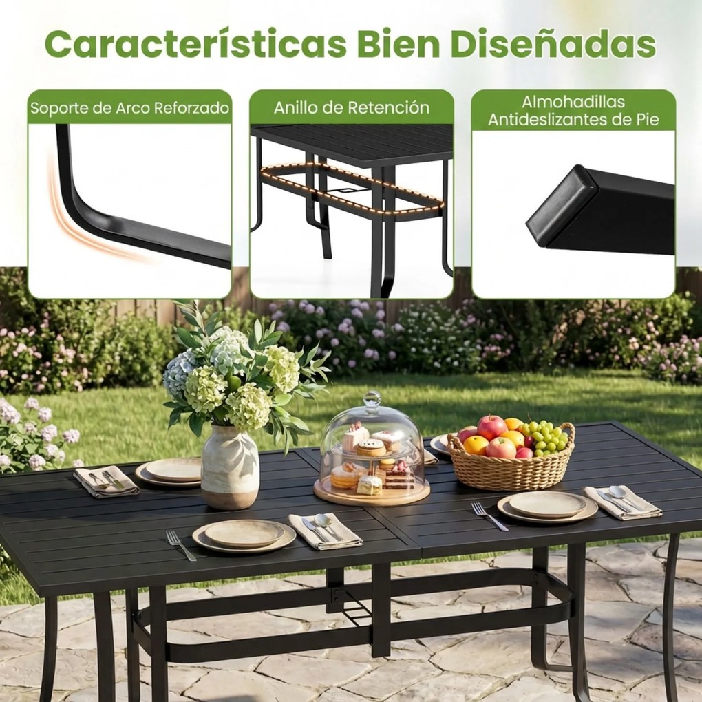 Mesa de jantar de jardim 160 x 84 x 73 cm para 6 pessoas (CADEIRAS NÃO INCLUIDAS), com ripas, orifício para guarda-sol, capacidade de carga de 150 kg,