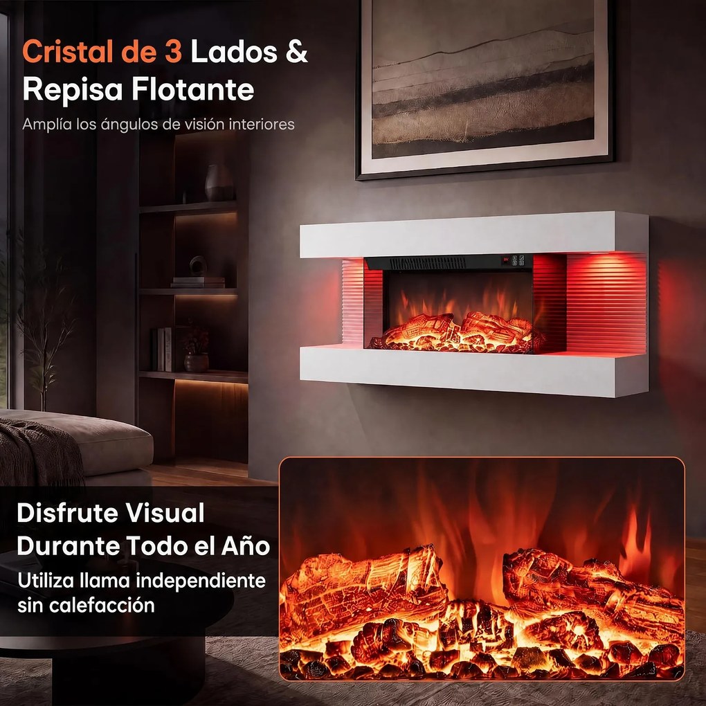Lareira Elétrica de Parede com Vista por Três Lados, 82 x 20,6 x 41,8 cm, Controlo por Wi-Fi, Branco