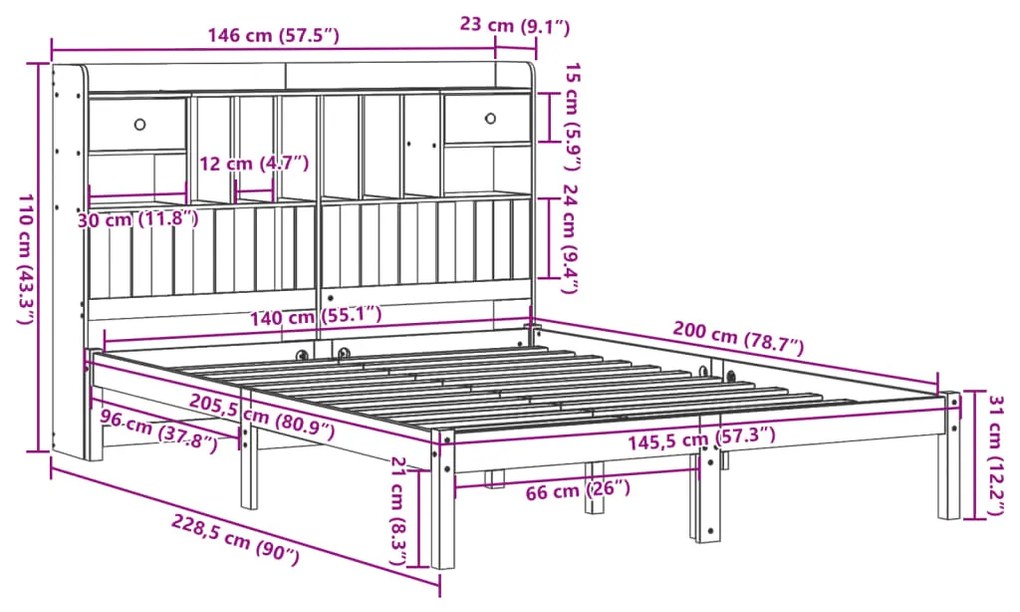 Cama com estante sem colchão 140x200 cm pinho maciço