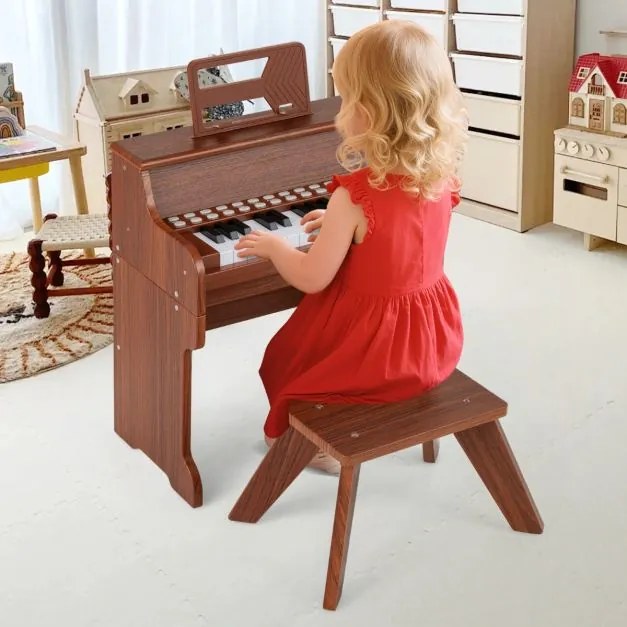 Piano de brincar com 25 teclas para crianças 38 x 24 x 47 cm, com banco e suporte, velocidade e volume ajustáveis, modo de aprendizagem, design em mad