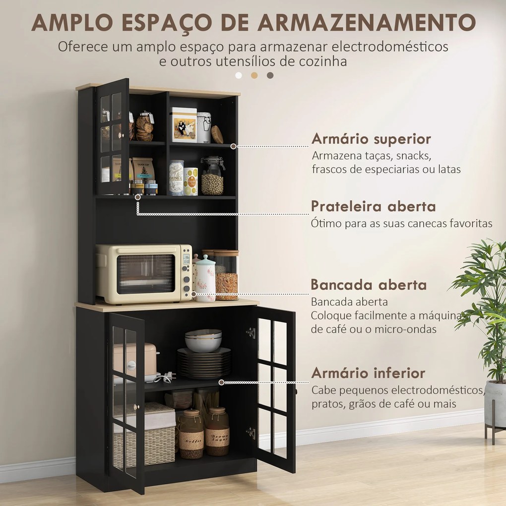 Armário de Cozinha com Prateleiras e Portas de Vidro Armário Alto de Cozinha para Pequenos Eletrodomésticos e Louças 80x37x183 cm Preto
