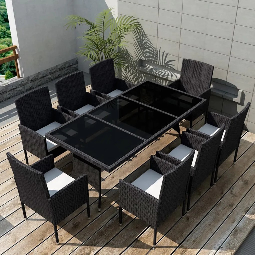 9 pcs conjunto jantar exterior com almofadões vime PE preto