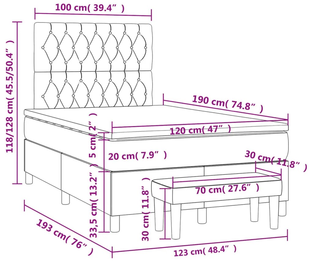 Cama boxspring com colchão 120x190 cm tecido cor creme