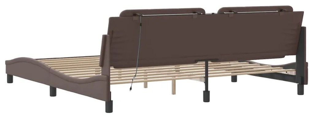 Estrutura cama c/ luz LED 200x200 cm couro artificial castanho