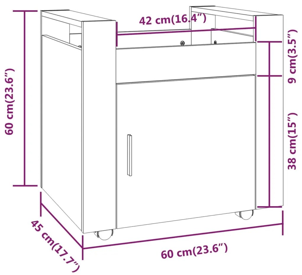 Carrinho secretária 60x45x60cm deriv. madeira branco brilhante