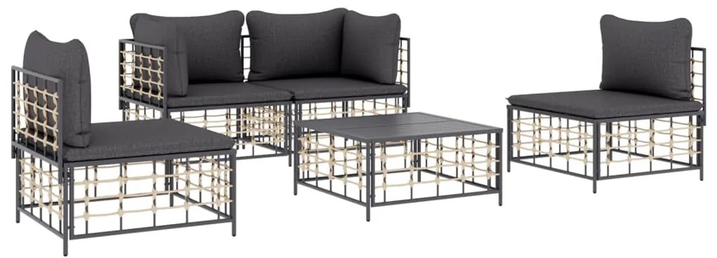 5 pcs conjunto lounge de jardim c/ almofadões vime PE antracite