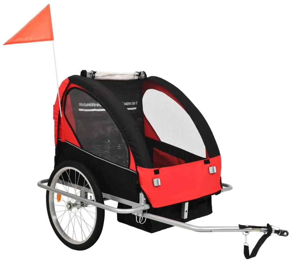 91375 vidaXL Reboque para bicicletas/carrinho bebé 2 em 1 preto e vermelho