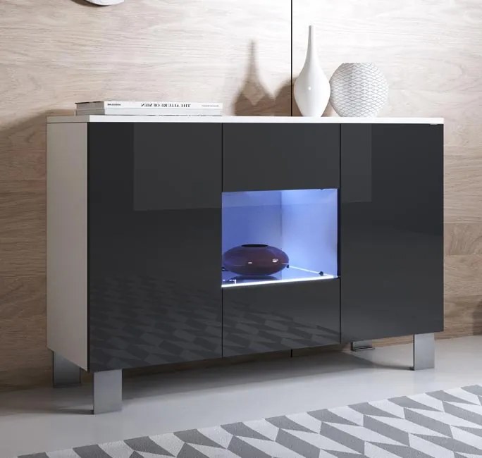 Aparador Moderno Louredo – 120x82 cm – Branco e Preto com LED Azul e P