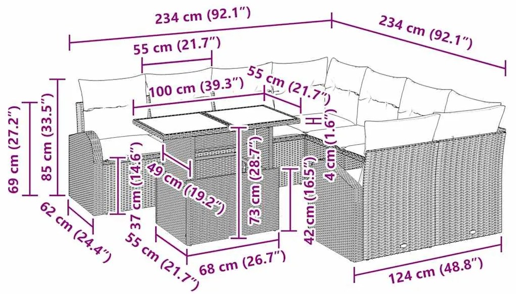 Conjunto de sofá de jardim de 9 peças com almofadas cinza claro
