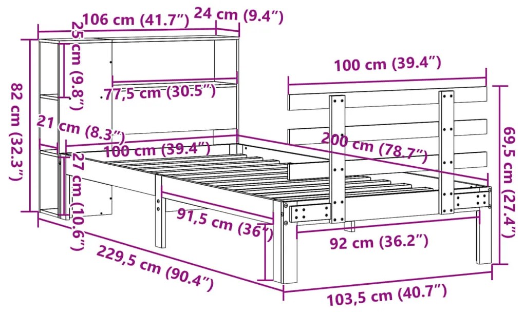 Cama com estante sem colchão 100x200 cm pinho maciço branco
