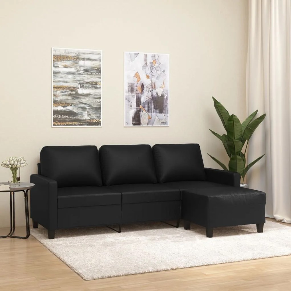 vidaXL Sofá de 3 lugares c/ apoio de pés 180 cm couro artificial preto