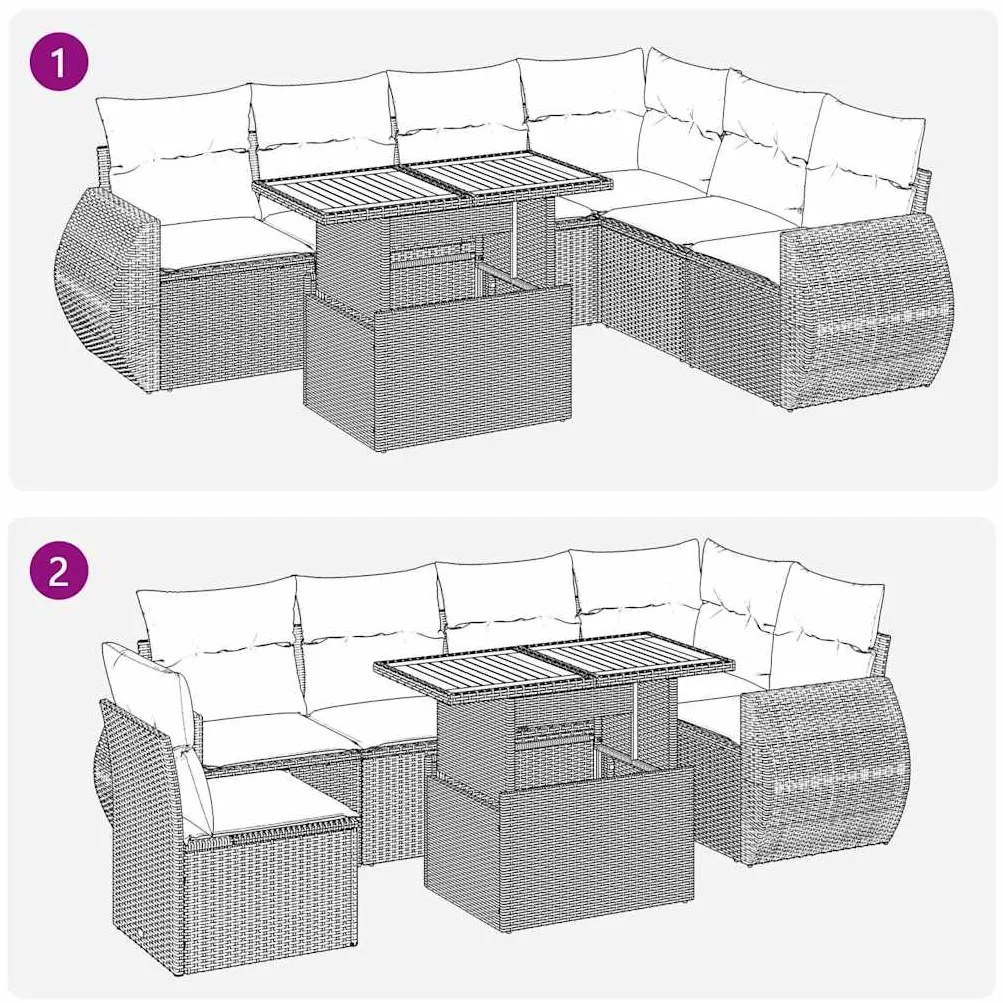 7 pcs conjunto sofás p/ jardim c/ almofadões vime PE cinzento