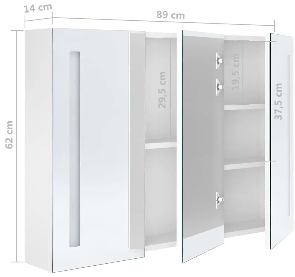 Armário espelhado casa de banho LED 89x14x62cm branco brilhante