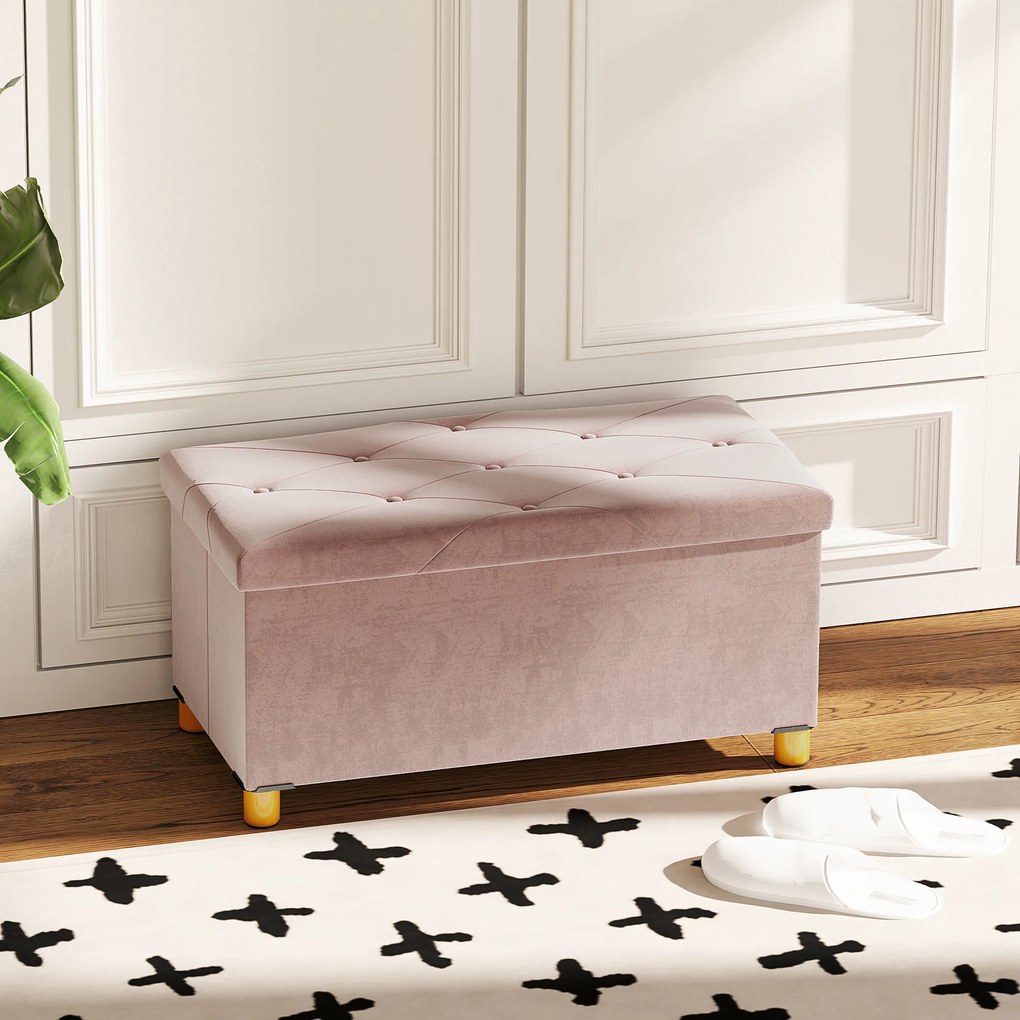 Banco de arrumação dobrável para colocar ao pé da cama 76 x 38 x 38 cm, com 67 L de capacidade e 120 kg de carga máxima, com tampa, cor-de-rosa