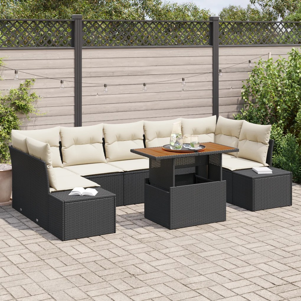 vidaXL Conjunto de Jantar para Jardim com 8 Peças e Almofadas em Rattan Sintético Preto e Acácia