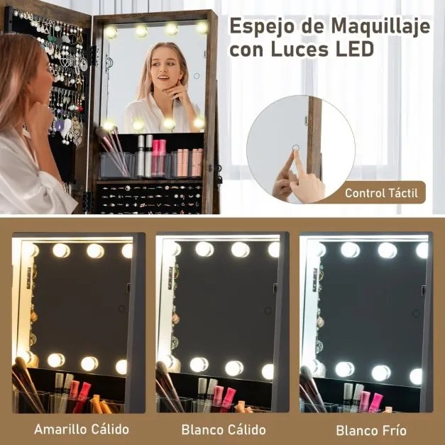 Armário giratório de 360° para joias com espelho de corpo inteiro 43 x 38 x 160 cm e prateleiras Espelho de maquilhagem Castanho