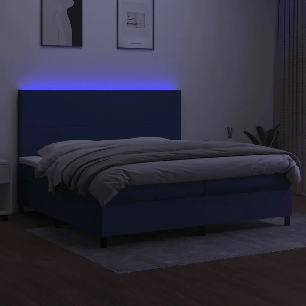 Cama box spring c/ colchão e LED 200x200 cm tecido azul