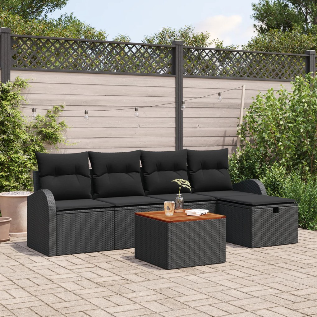 Conjunto de Sofá de Jardim vidaXL 6 Peças com Almofadas Preto Poliratt