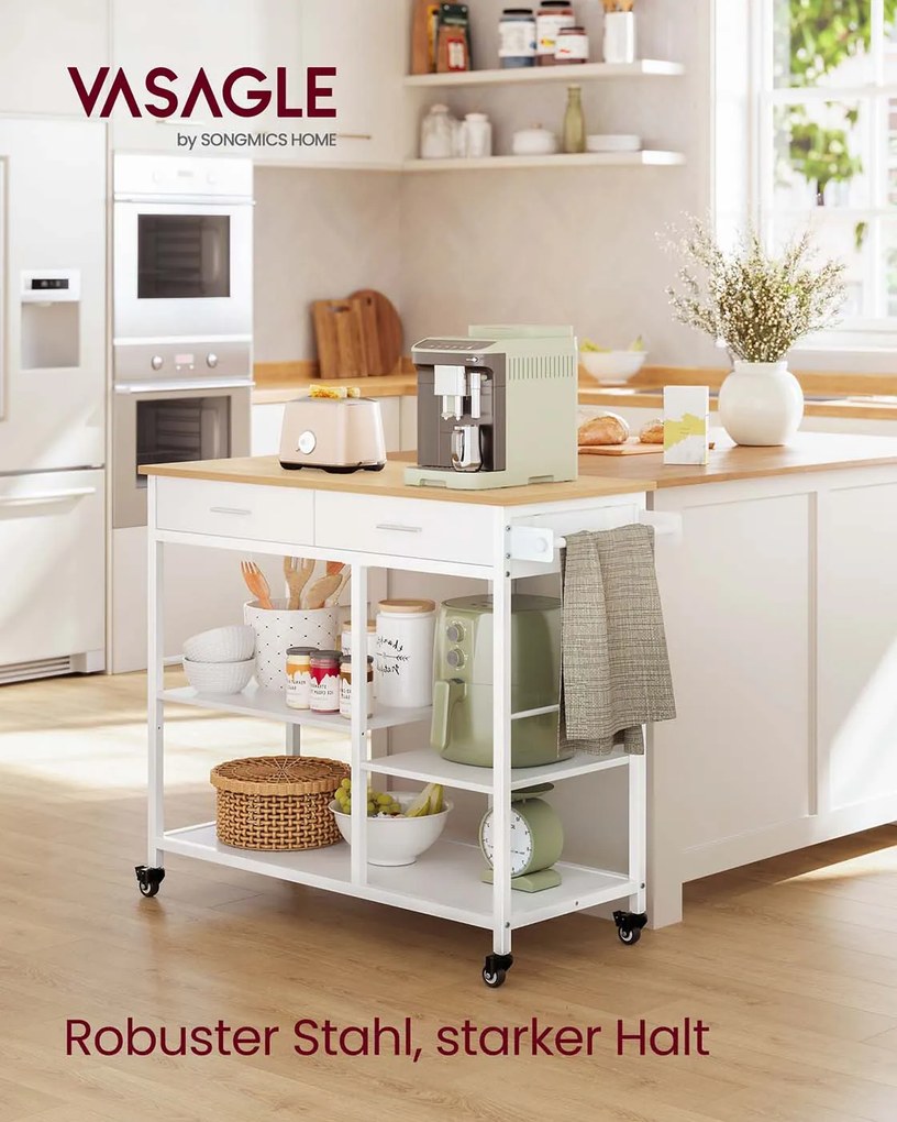 Carrinho de cozinha com rodas 45 x 98,7 x 90 cm, muito espaço de arrumação, gaveta, ganchos bege carvalho-branco mate