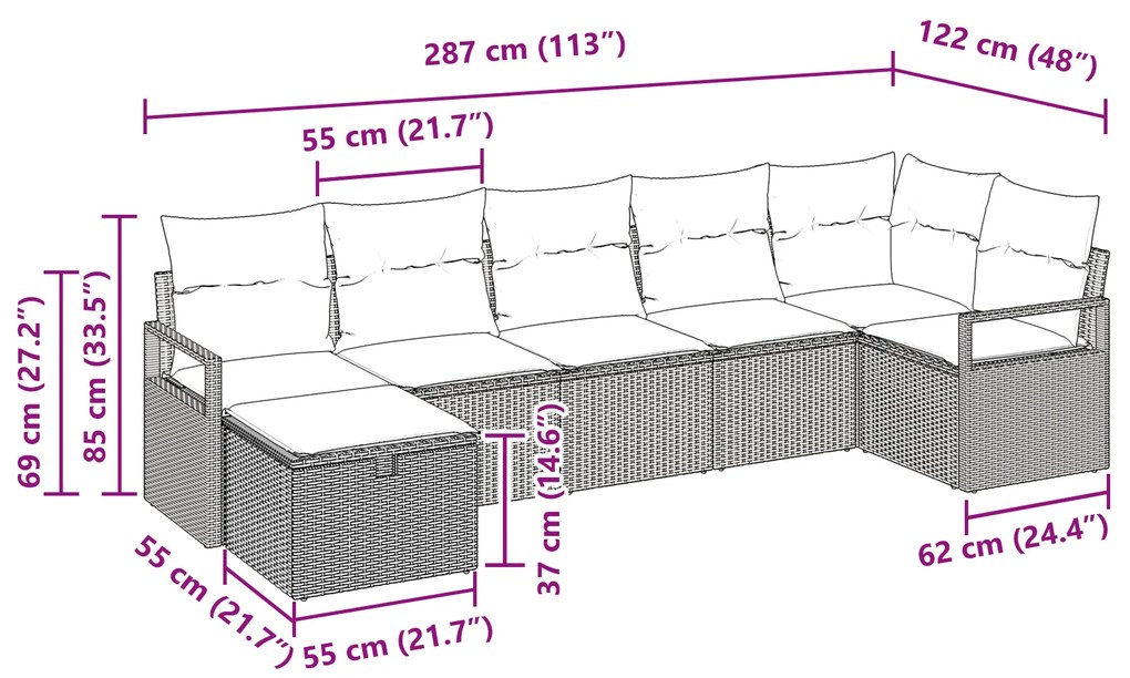 Conjunto de Sofá para Jardim de 7 Peças com Almofadas Bege Vime PE