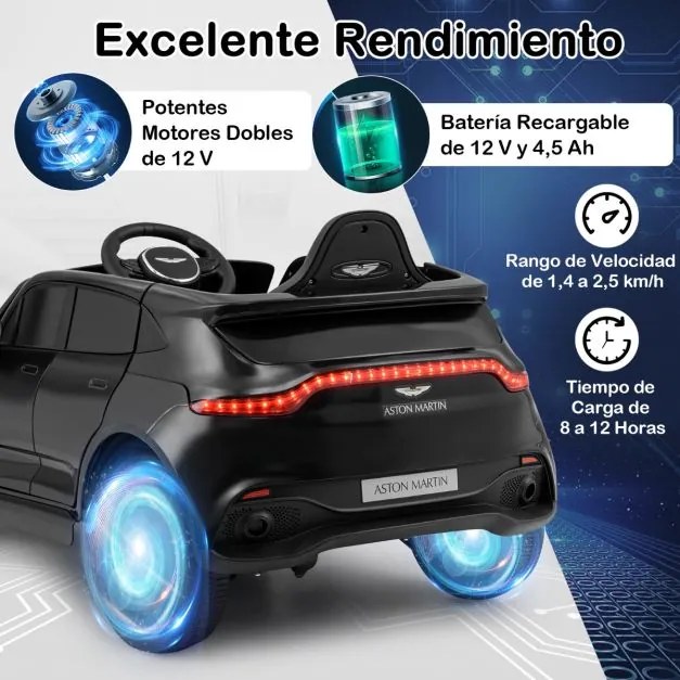 Carro elétrico infantil de 12 V Aston Martin DBX com portas duplas com fecho, controlo remoto, arranque gradual, luzes LED, porta USB e buzina – Preto