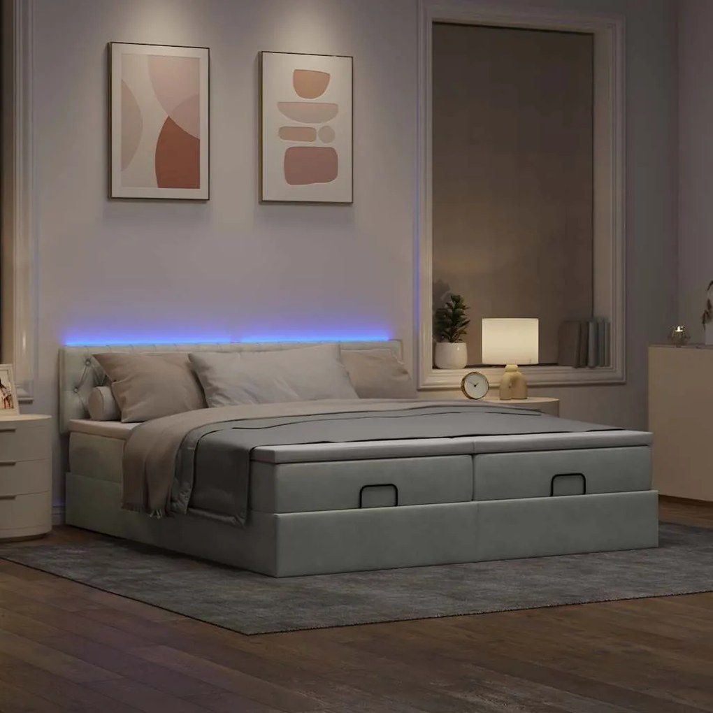 Estrutura cama otomana colchões 180x200cm veludo cinzento claro