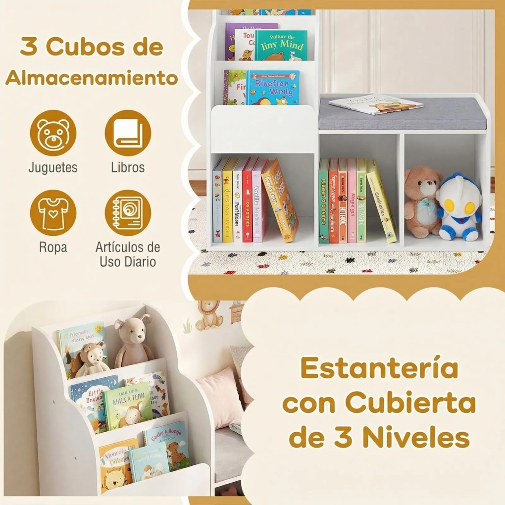 Estante infantil com banco de 3 níveis 80 x 29,5 x 81,5 cm, 3 compartimentos abertos e almofada de assento para quarto ou sala de jogos - Branco