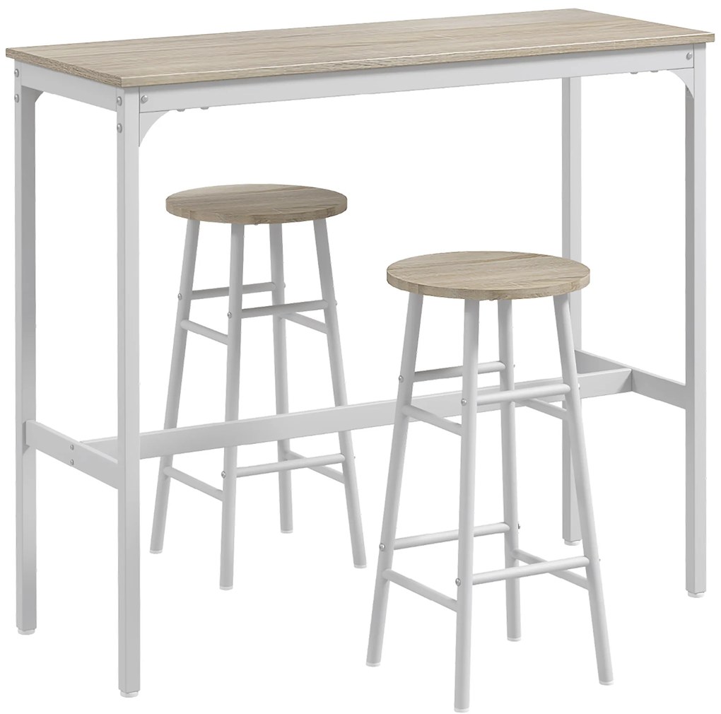 HOMCOM Mesa Alta de cozinha com Bancos Estrutura em Aço Estilo Industrial Mesa Alta para Sala de Jantar Natural e Branca
