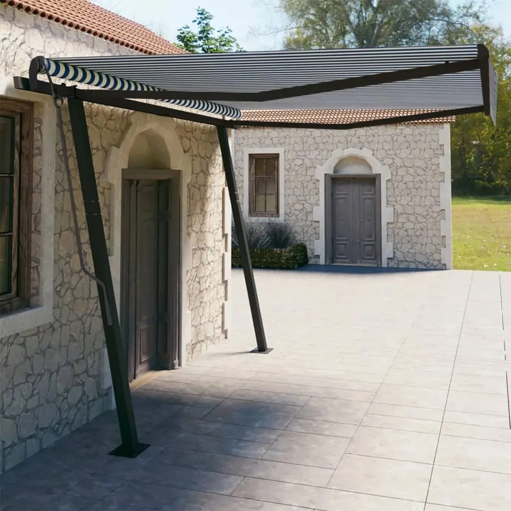 vidaXL Toldo retrátil automático com postes 4x3 m azul e branco