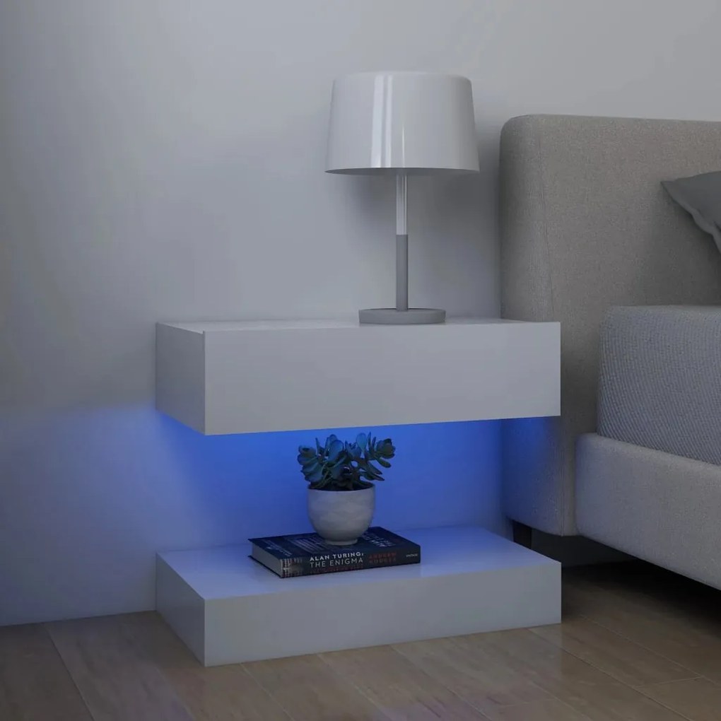 3079680 vidaXL Mesas de cabeceira c/ LEDs 2 pcs 60x35 cm deriv. madeira branco