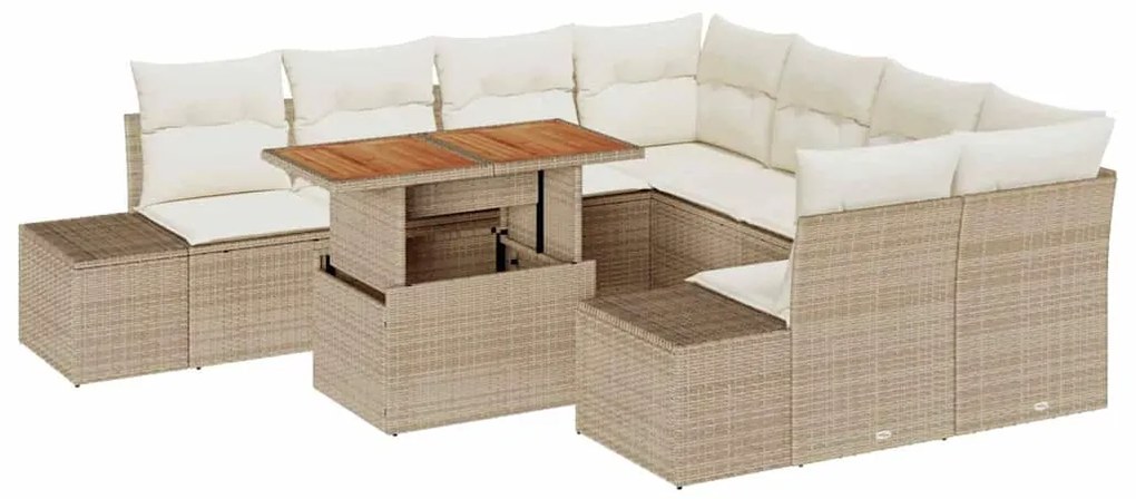 Conjunto de Sofá de Jardim de 9 Peças com Almofadas Beiges em Rattan S