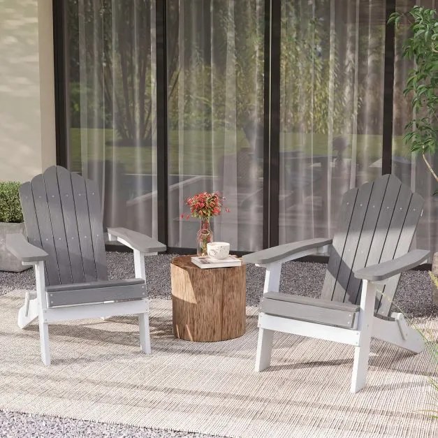 Conjunto de 2 Cadeiras Adirondack Dobráveis, 88 x 77 x 95 cm, Apoios de Braços Largos, Cinzento