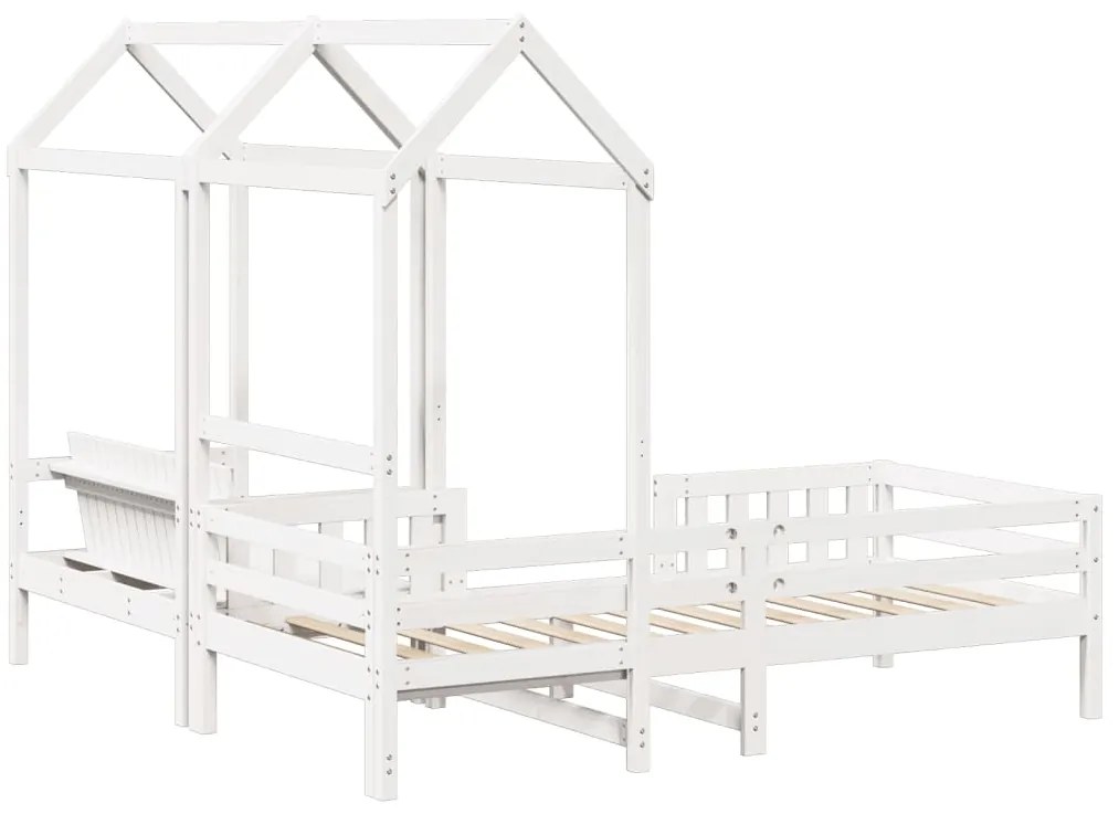 Conj. de cama e banco com telhado 90x200 cm pinho maciço branco