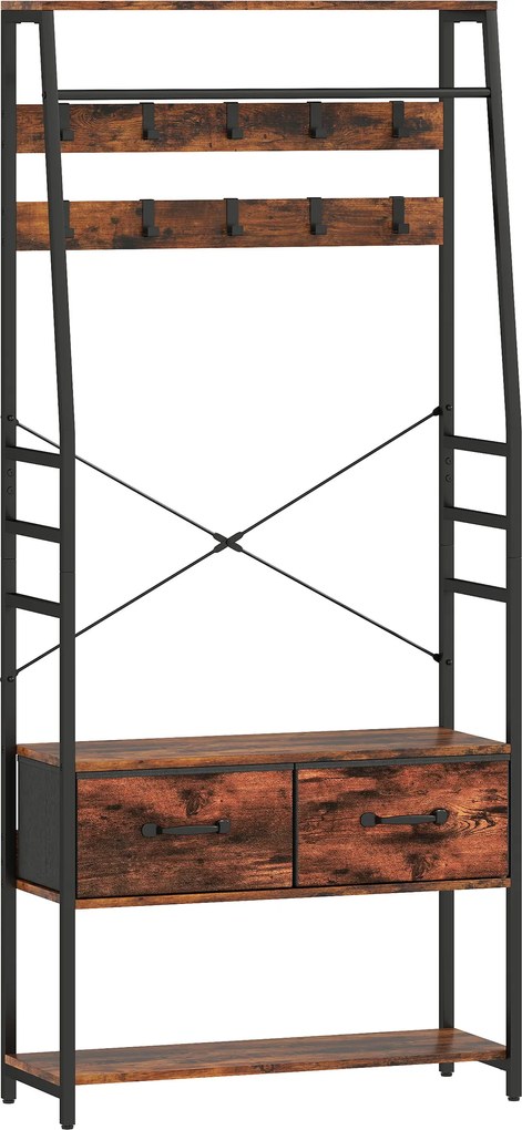 HOMCOM Móvel de Entrada 6 em 1 Cabideiro com Varão 2 Gavetas em Tecido 10 Ganchos 80x30x180 cm Marrom Rústico | Aosom Portugal