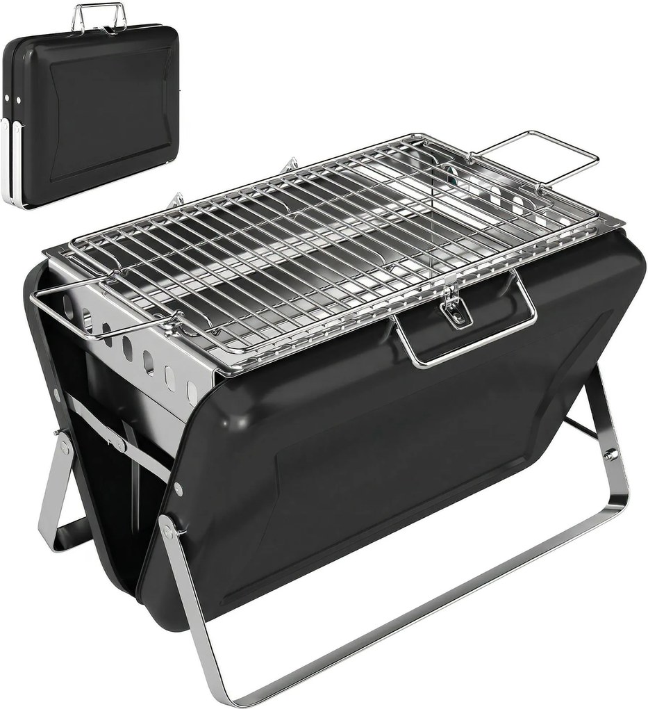 Outsunny Grelhador a carvão em aço inoxidável Smoker BBQ com grelha, pega e pernas dobráveis para churrasco camping 40x28x25,5cm Preto | Aosom Portugal