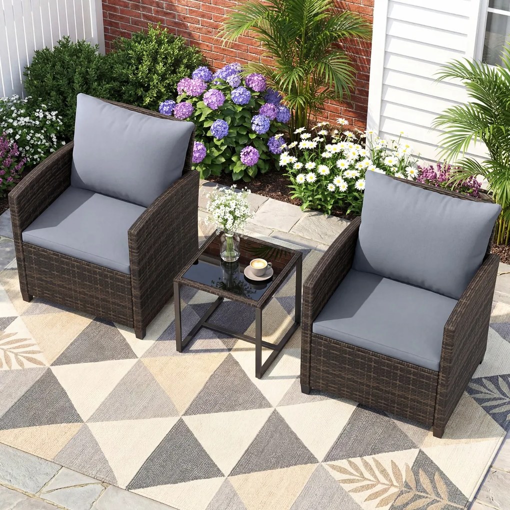 Conjunto de 3 móveis de rattan para jardim, com 2 cadeiras, mesa de vidro e almofadas pretas com capas removíveis, para jardim, terraço ou piscina Cas