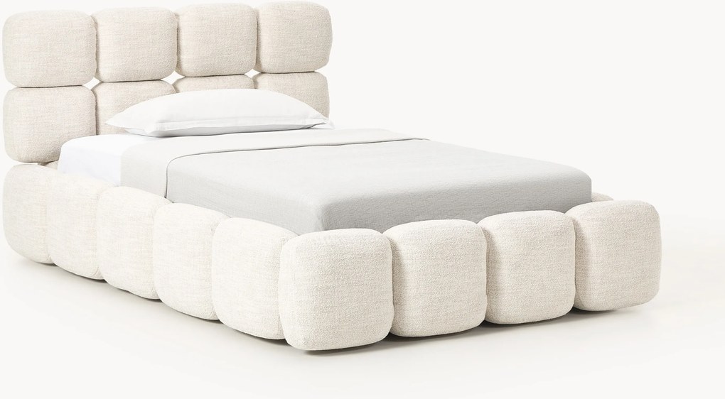 Cama de solteiro estofada em teddy-bouclé com arrumação Tayla