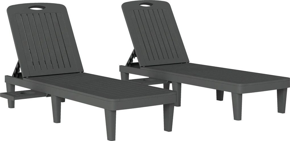Outsunny Conjunto de 2 Espreguiçadeiras Reclináveis de Plástico PP com Bandeja Lateral Encosto Ajustável em 5 Posições 192x57x28,5 cm Cinzento | Aosom Portugal
