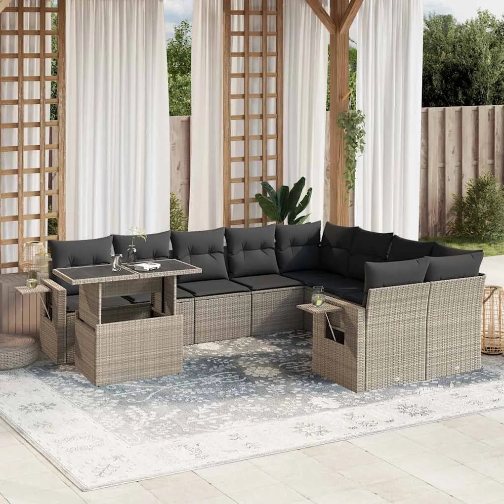 vidaXL 10 pcs conj. sofás jardim com almofadões vime PE cinzento-claro