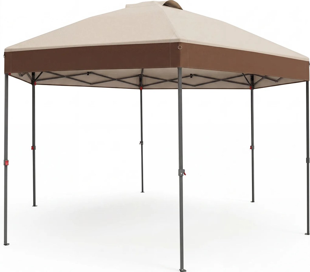 Tenda de Jardim Dobrável Hexagonal, 361,5 x 361,5 x 265 cm, Altura Regulável, Cáqui