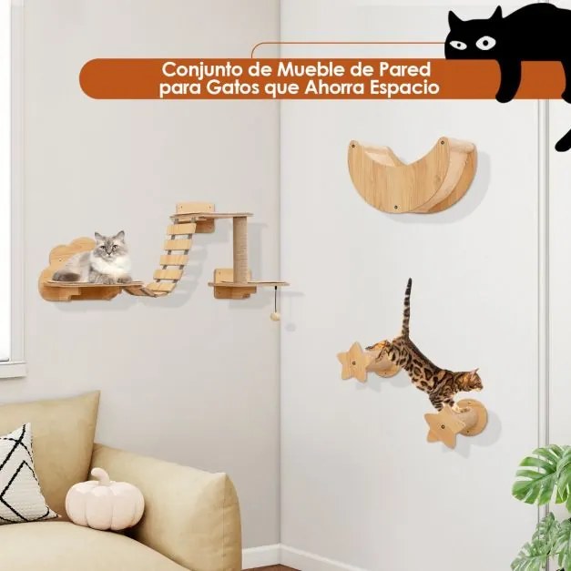 Conjunto de móveis de parede para gatos com 6 peças, rede, ponte em forma de árvore com 2 níveis e postes para arranhar natural