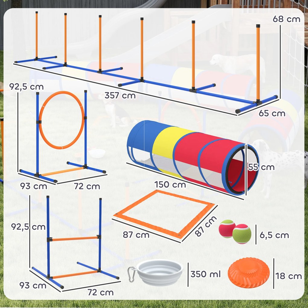 Conjunto de agilidade para cães com 12 peças, 4 túneis, obstáculos ajustáveis, anel, slaloms, 357 x 65 x 68 cm, multicolorido