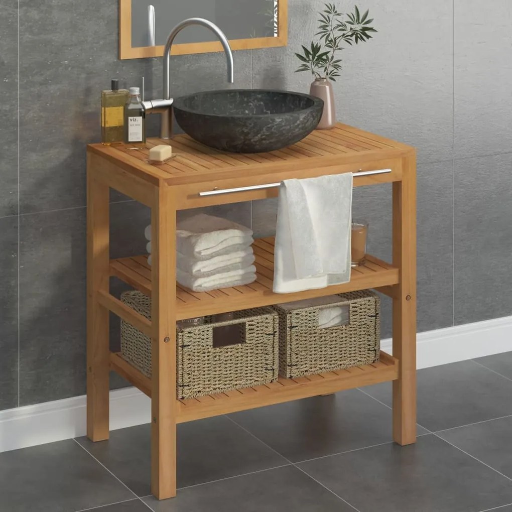 vidaXL Armário de casa de banho teca maciça + lavatório mármore preto