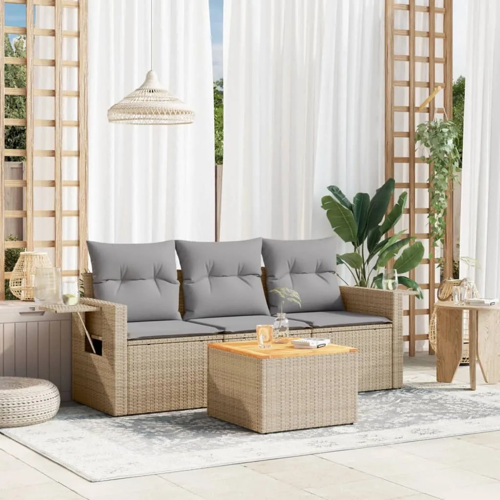 4 pcs conj. sofás jardim c/ almofadões vime PE bege misturado
