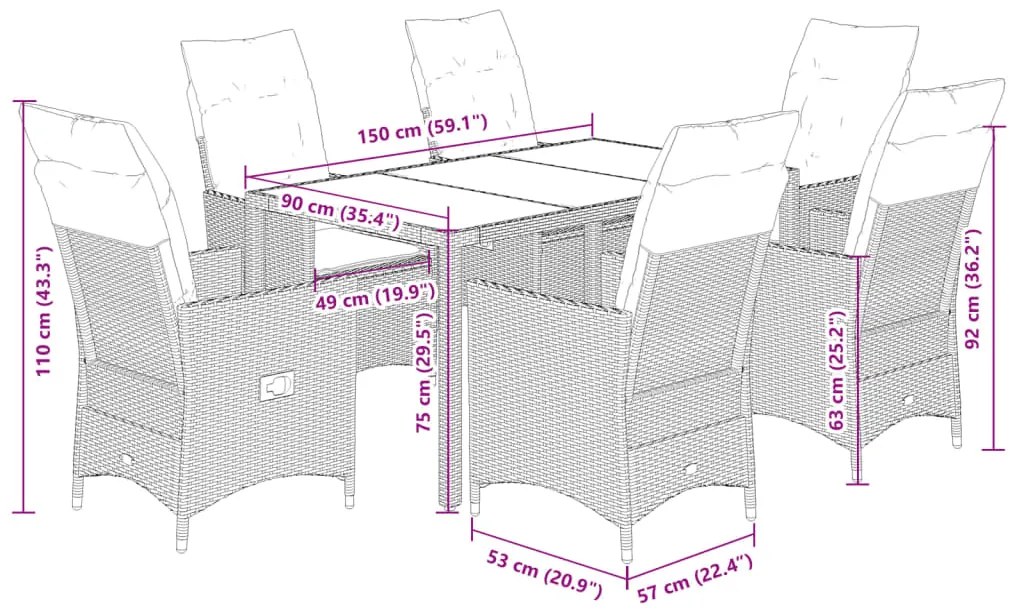 7 pcs conjunto de jantar p/ jardim com almofadões vime PE bege