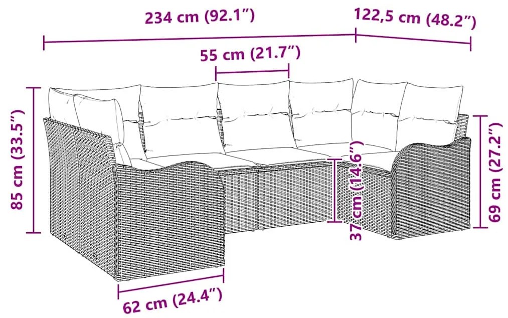 Conjunto de Sofá de Jardim 6 Peças com Almofadas Pretas de Rattan em P