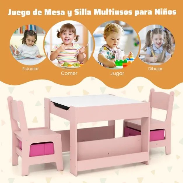 Conjunto de mesa e cadeiras infantis de atividades 4 em 1 para crianças com superfície reversível Prateleiras para livros e caixas Rosa
