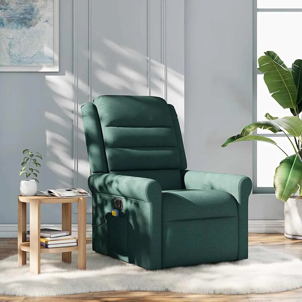 vidaXL Poltrona de massagens reclinável tecido verde-escuro