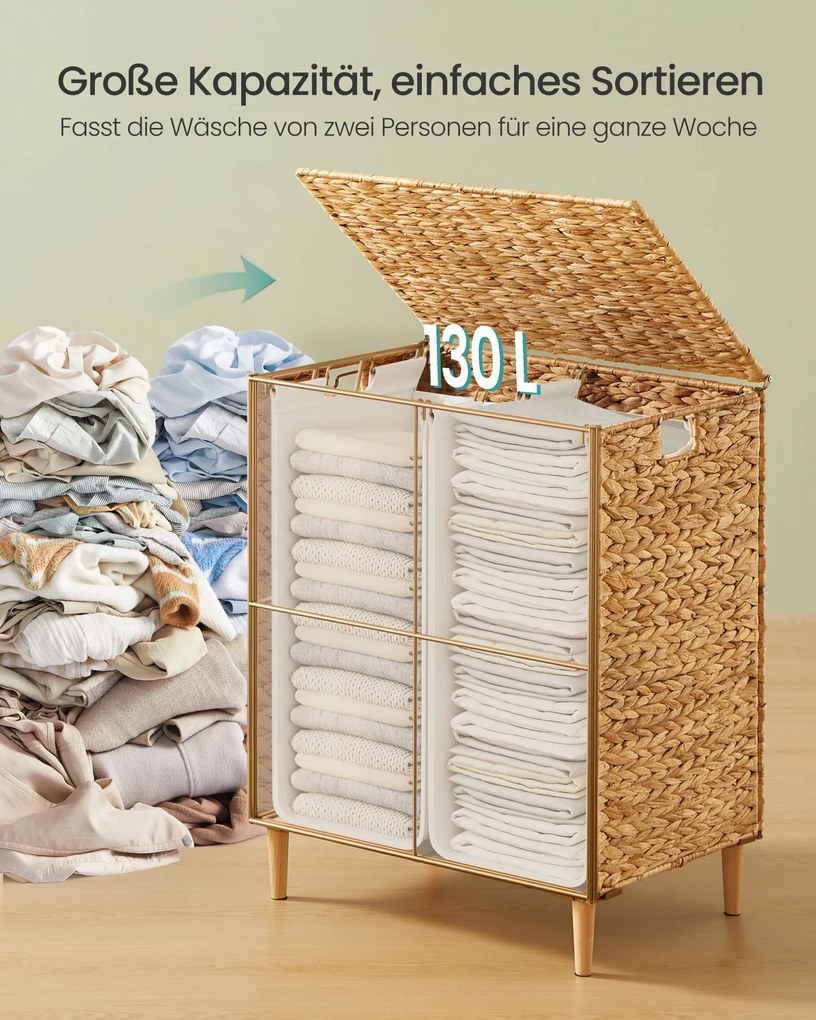 Cesto da roupa suja 56 x 40 x 70 cm com 2 compartimentos, 130 L, em jacinto-de-água, cor natural