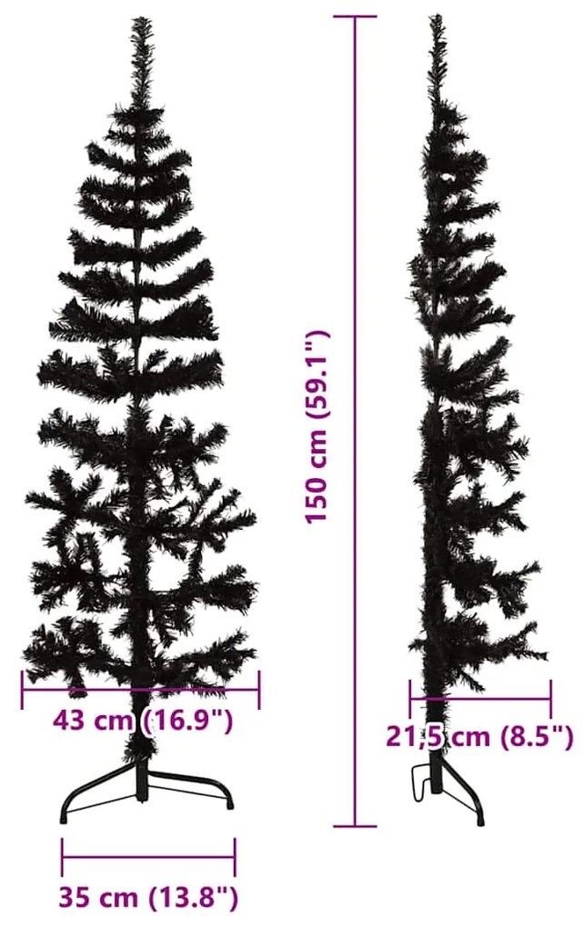 Meia árvore de Natal fina com suporte 150 cm preto